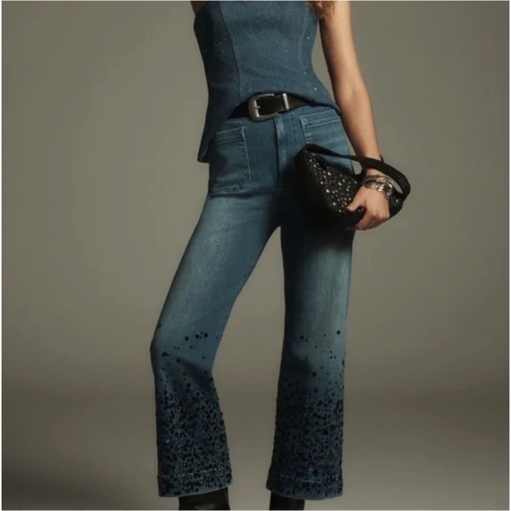 Maeve Anthropologie Colette Wide Leg Jeans Size 34 Blue Sequin‎ Hem Denim - Picture 2 of 6